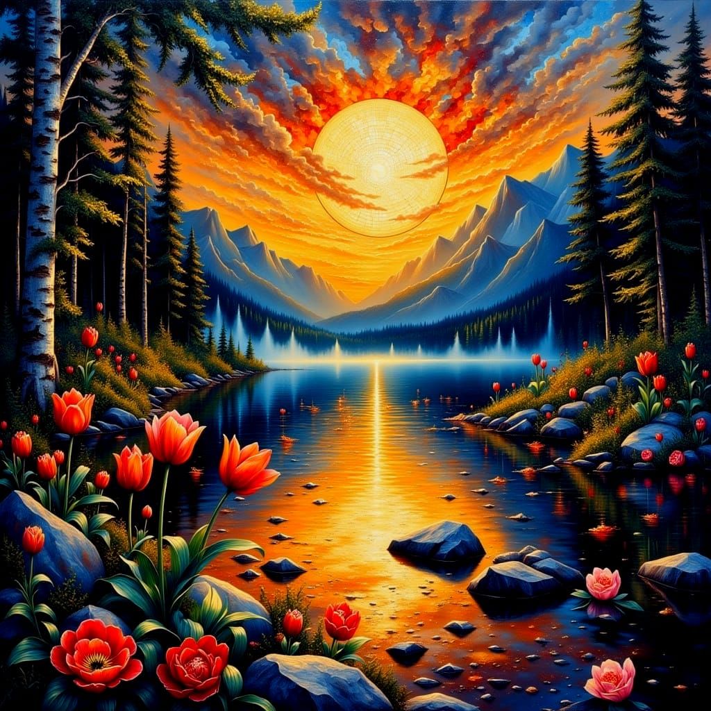 Tranquil Mosaic Landscape in Deep Color Hues