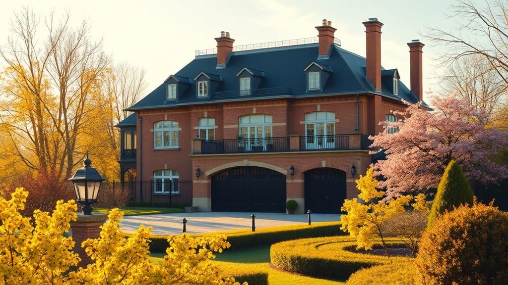 Grand Chateau in Spring Garden, Impressionist Style