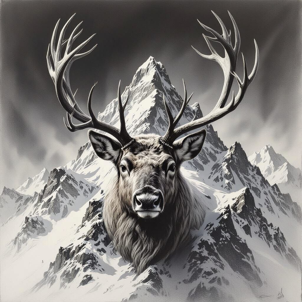 Majestic Reindeer Head Merging with Mountain Peak in Charcoa...