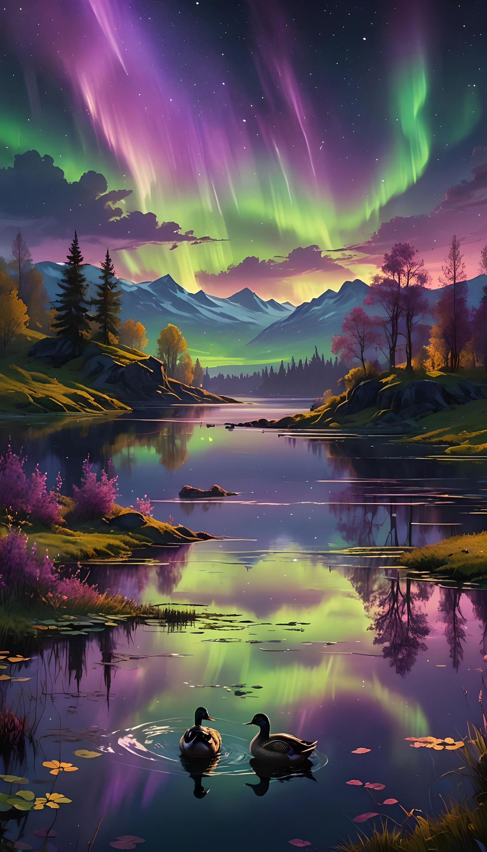 Aurora Borealis Over Lake with Ducks