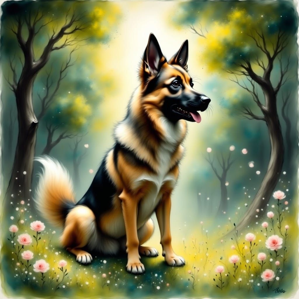 Animated German Shepherd Puppy in Lush Park