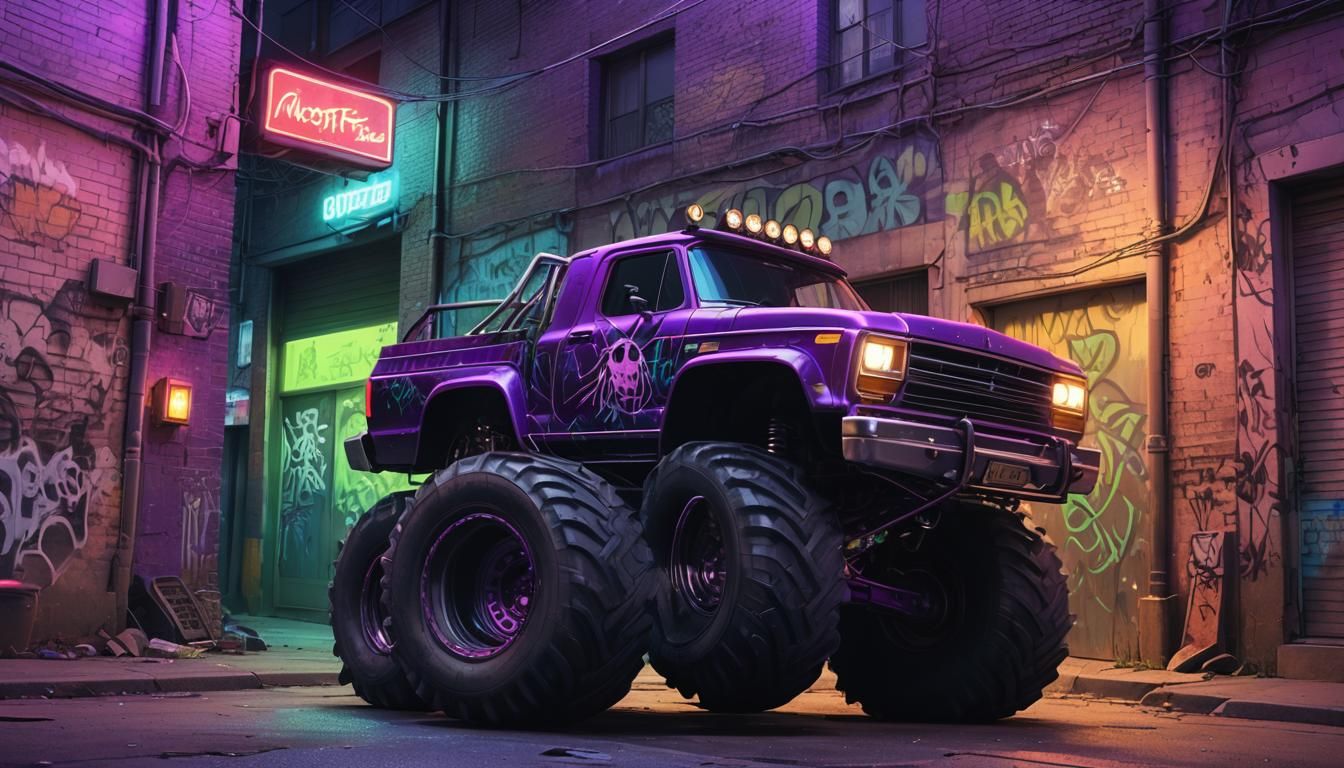 Neon Monster Truck in Retro Alleyway, Digital Painting