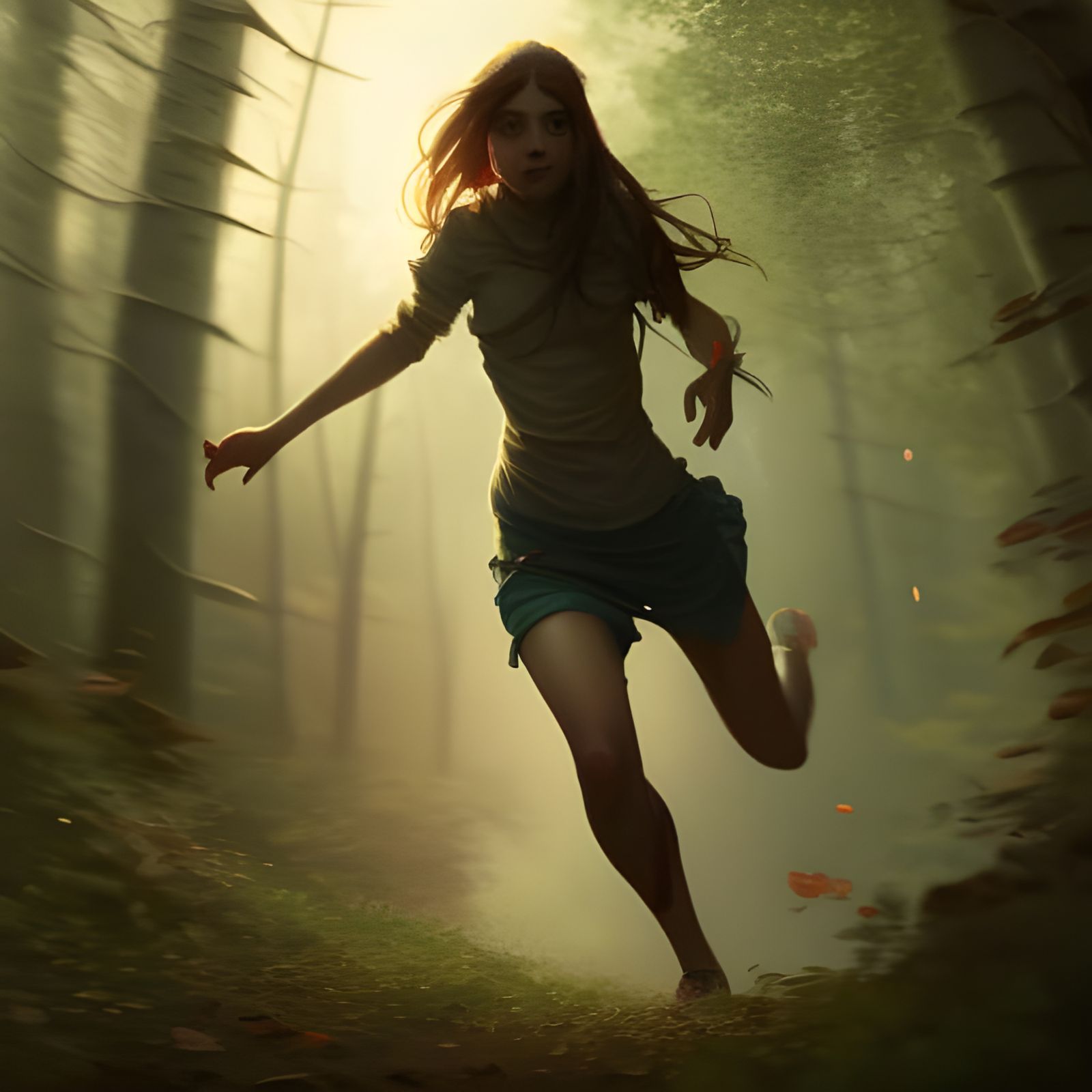 Frightened Girl Runs Through Dark Woods: Detailed Art