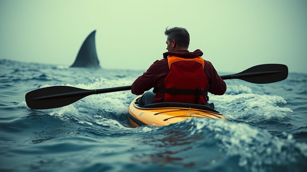 Kayaker's Close Call: Shark Fin Pursuit in Noir Style