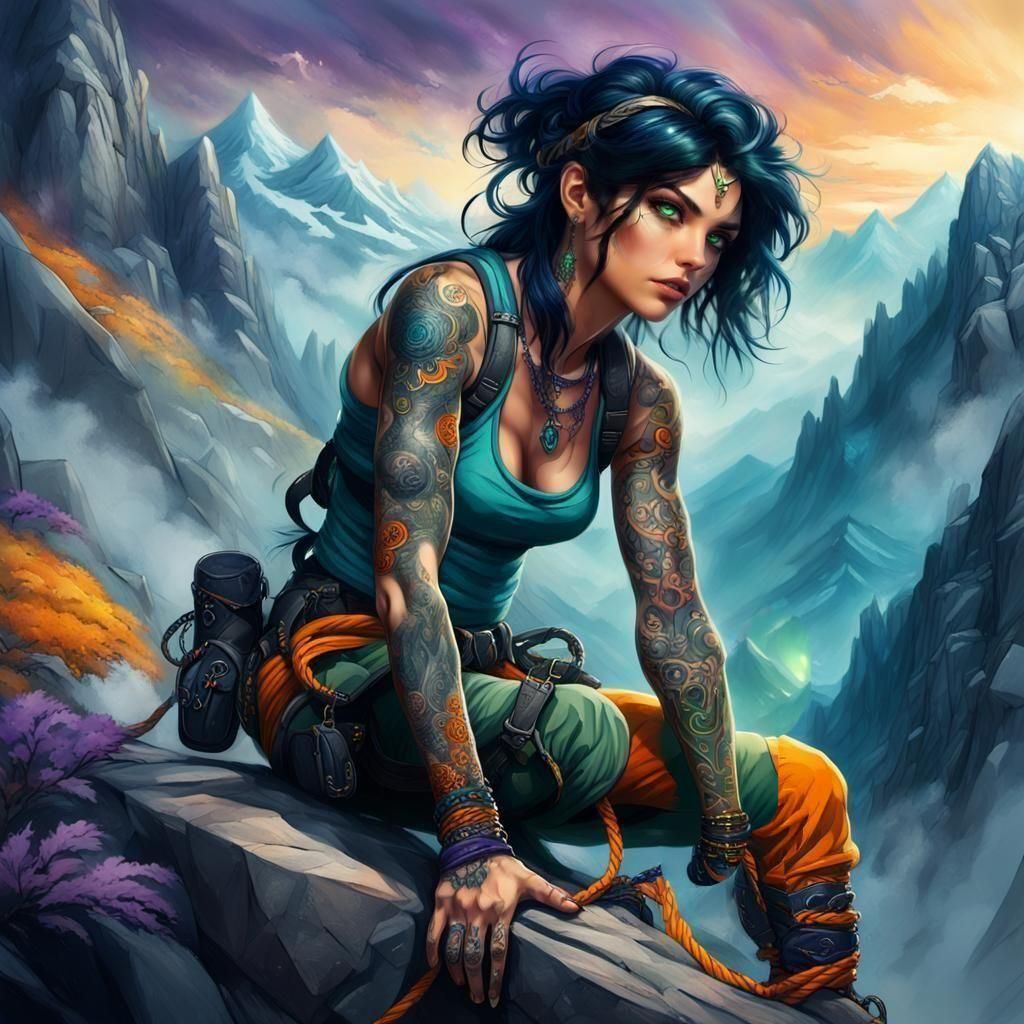 Tattooed Woman Climbing Mountain: Detailed Matte Painting