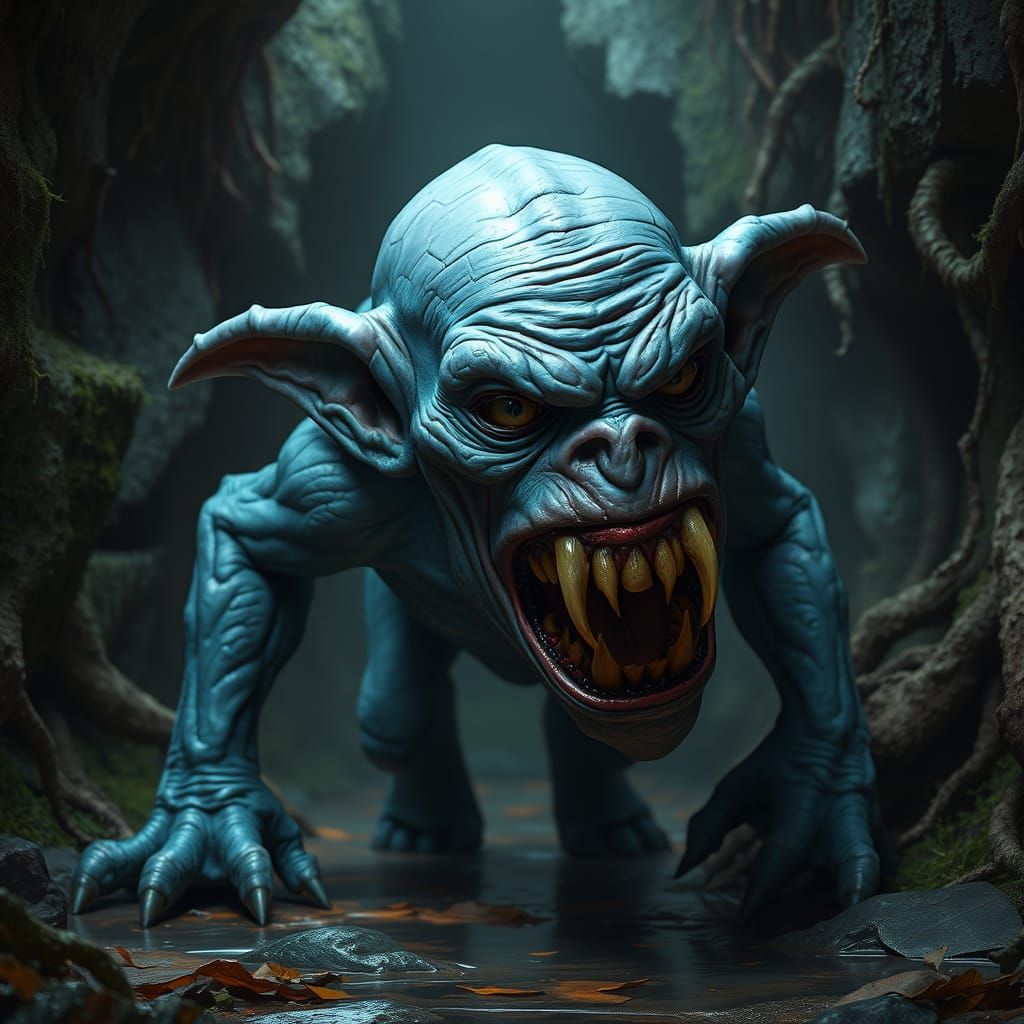 Distorted Blue Goblin Crawls Through Dark Cave