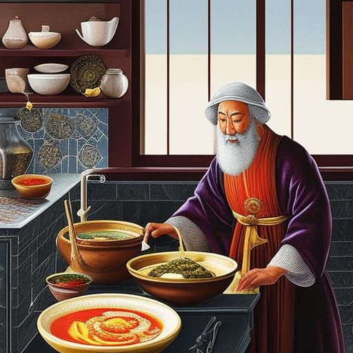 Medieval Wizard and Ramen in Modern Kitchen
