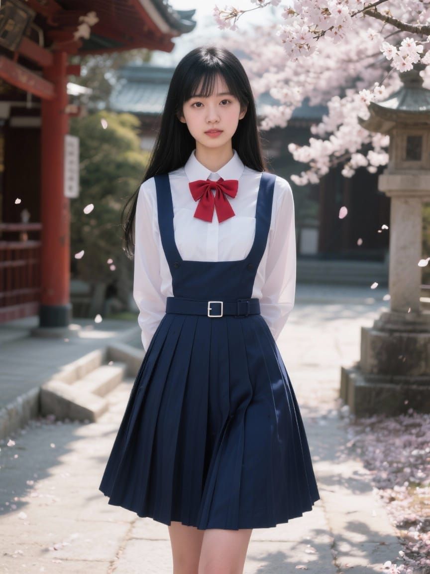 Japanese Schoolgirl in Shrine Courtyard with Cherry Blossoms