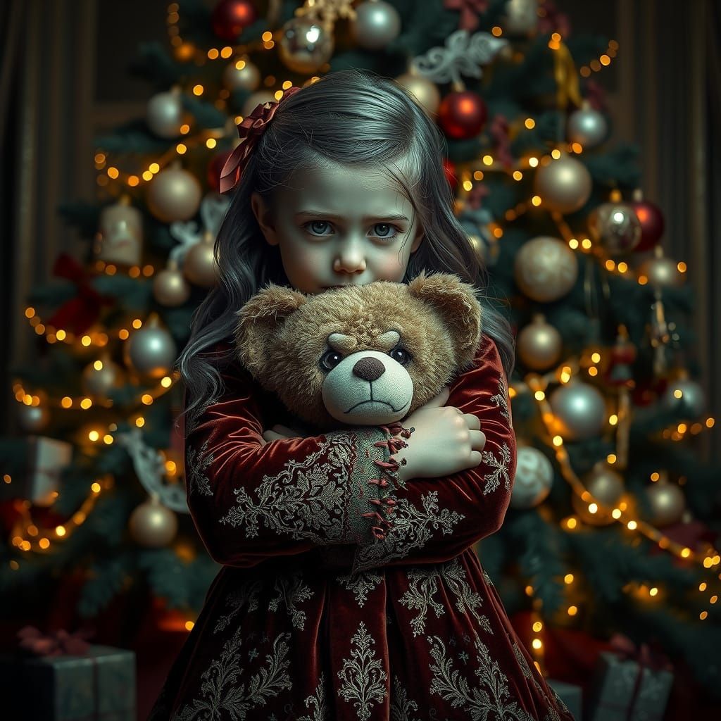 Girl with Grumpy Teddy Bear by Christmas Tree