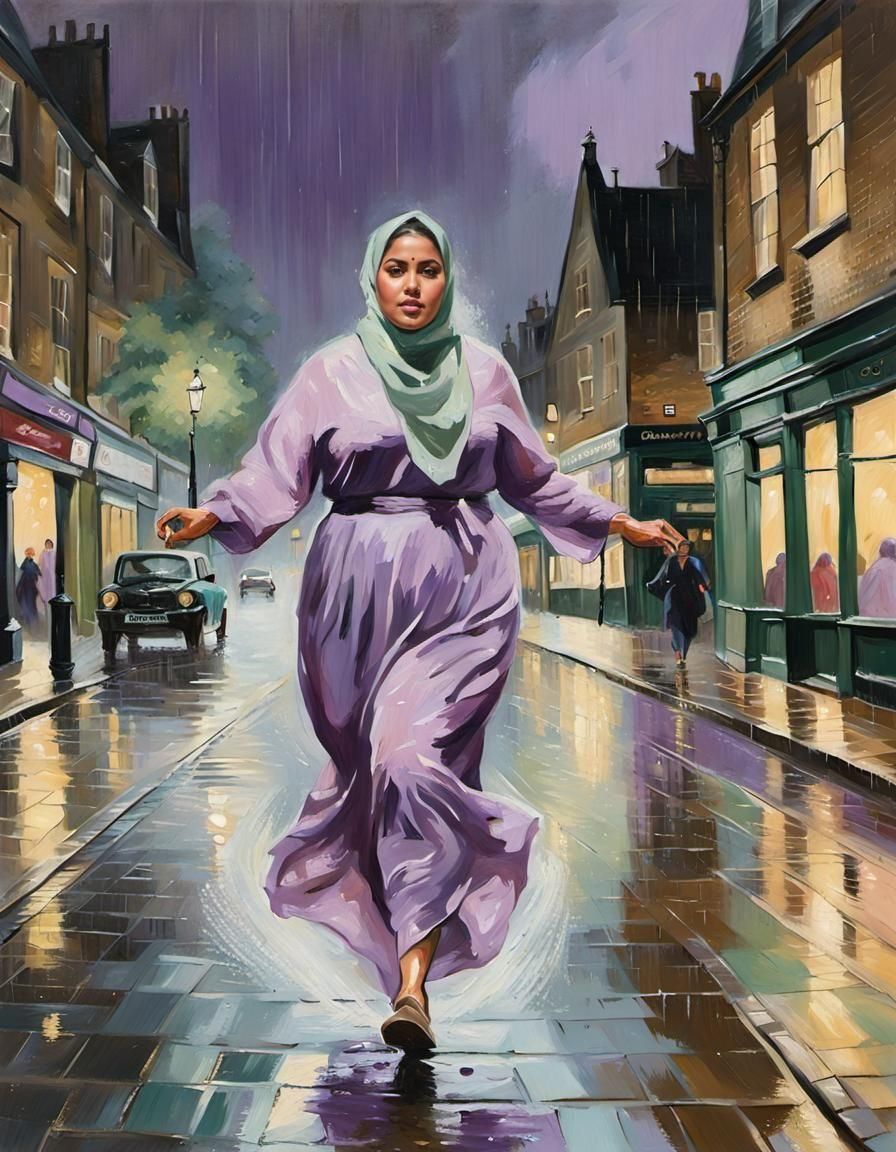 Woman in Hijab Running in Rainy Oxford, Oil Painting
