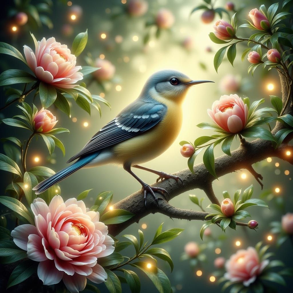 Whimsical Songbird in Enchanted Garden