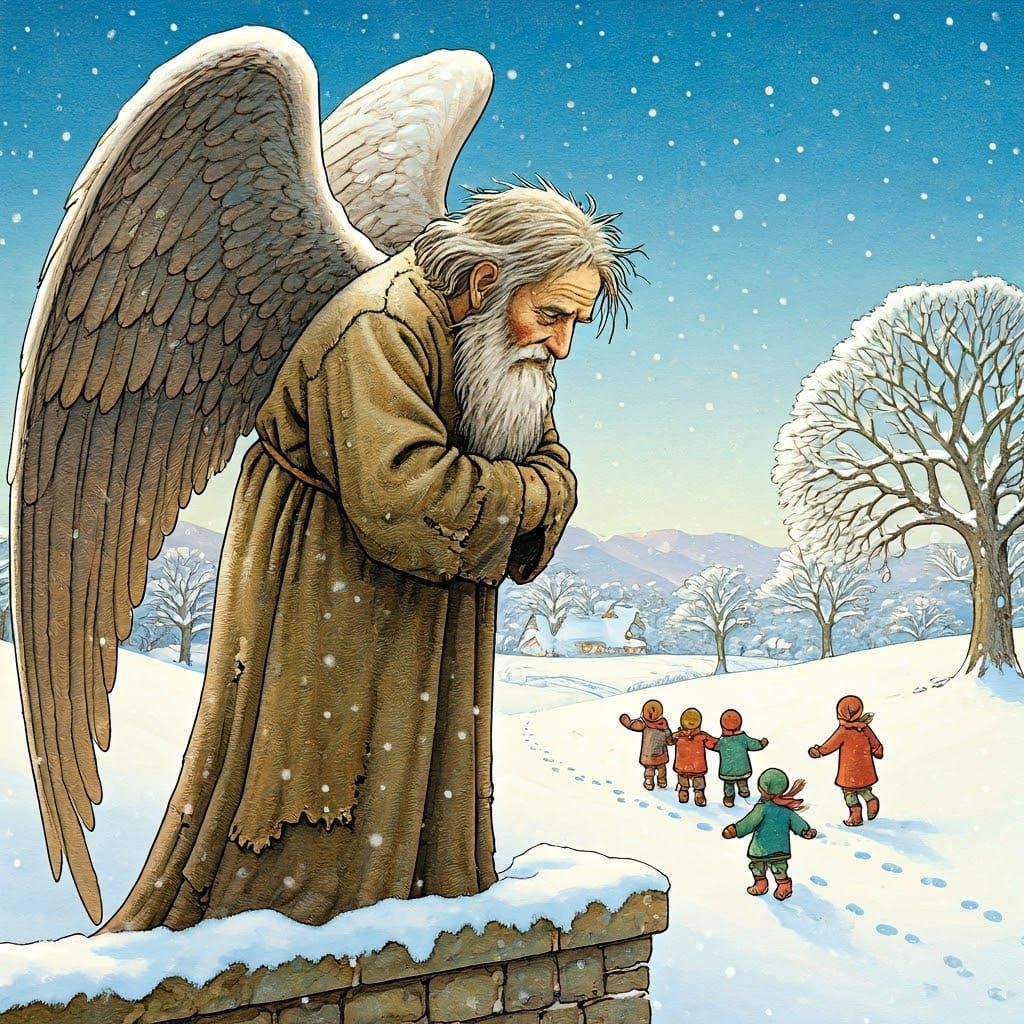 Guardian Angel Watching Over Children in Winter