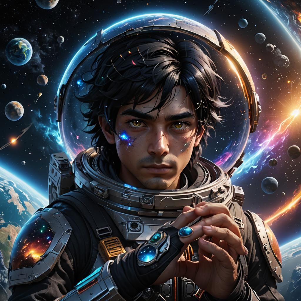 Cosmic Figure Holding Earth: 3D Game Cinematic Art