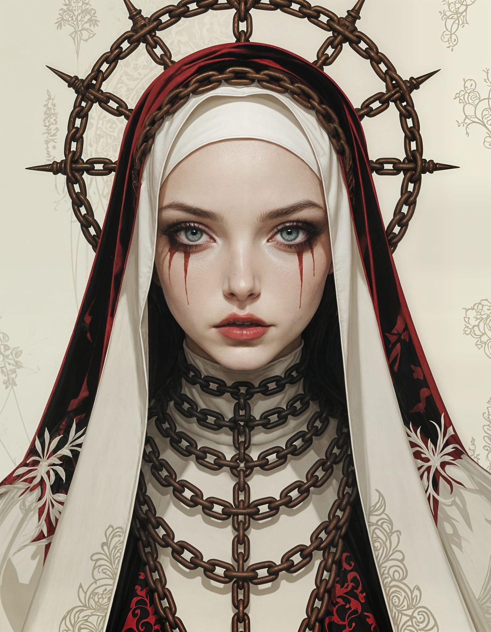 A surreal and emotional portrait of a beautiful nun with pale, painted skin, wrapped in thick, steel chains around her h...