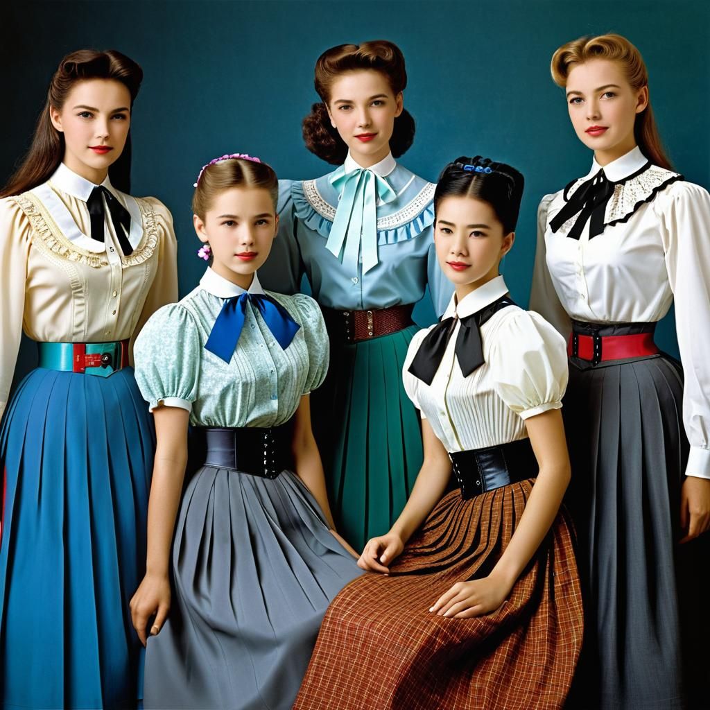 Elegant Women in Colorful Blouses and Skirts