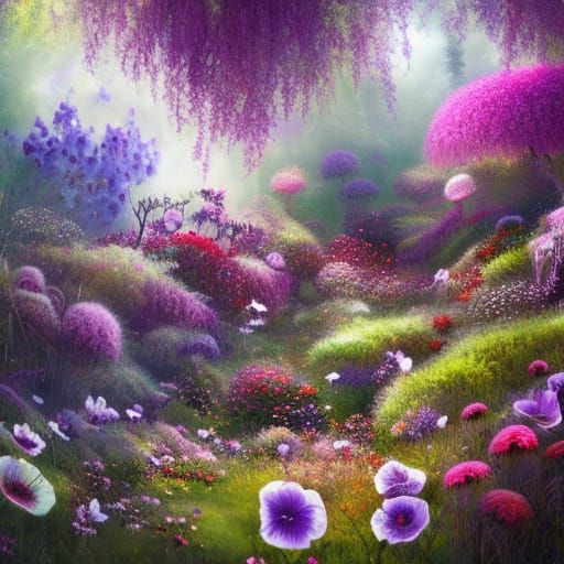 Hyperdetailed Overgrown Flower Garden with Bumblebees