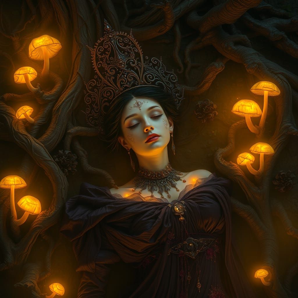 Regal Queen's Ethereal Passing: Dark Fantasy Art Nouveau