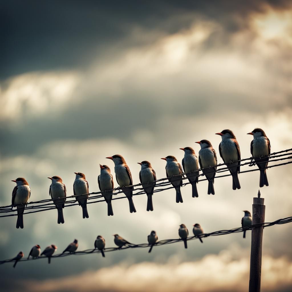 Birds on a Wire in Hyperrealistic Fantasy