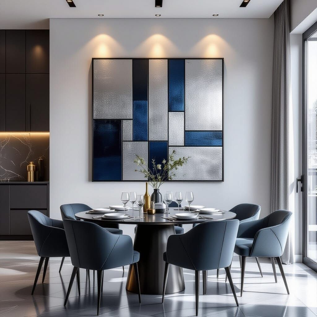 Abstract Metallic Stripes Painting in Modern Dining Room