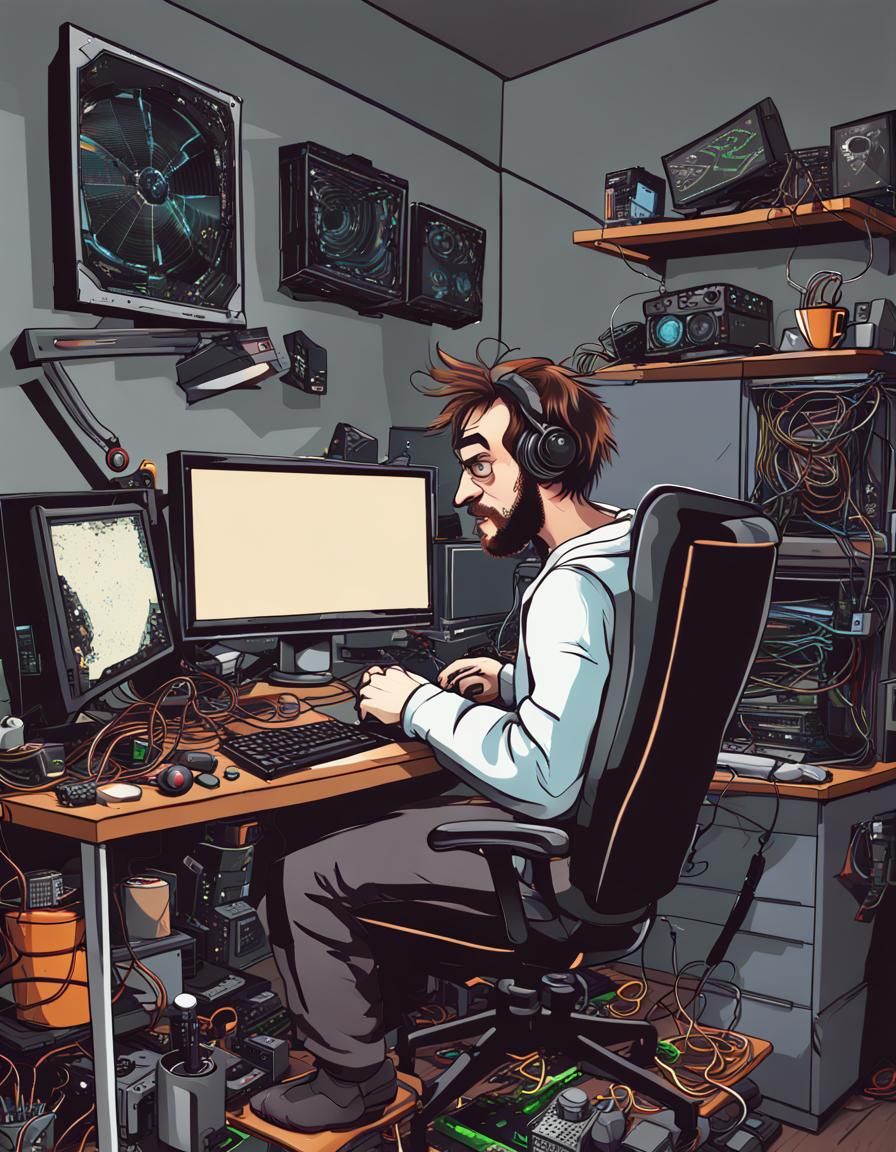 Gamer Assembling High-End PC in Dark Room