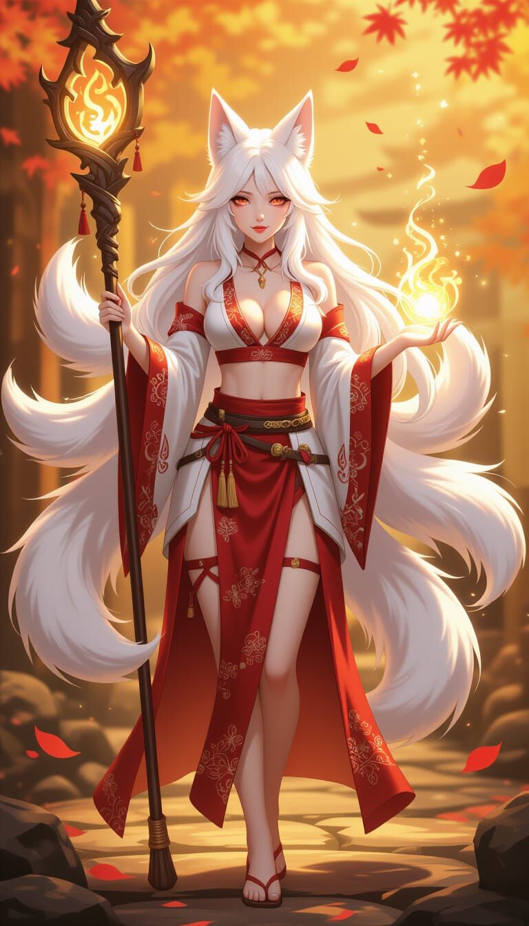 Fantasy Kitsune Healer with Magic Staff