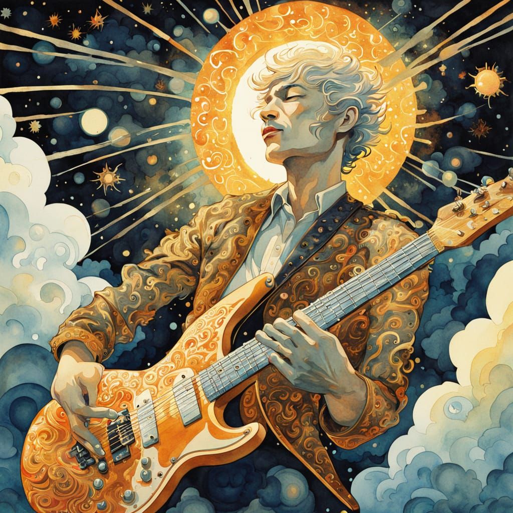 Glowing Guitarist in Watercolor Painting Style