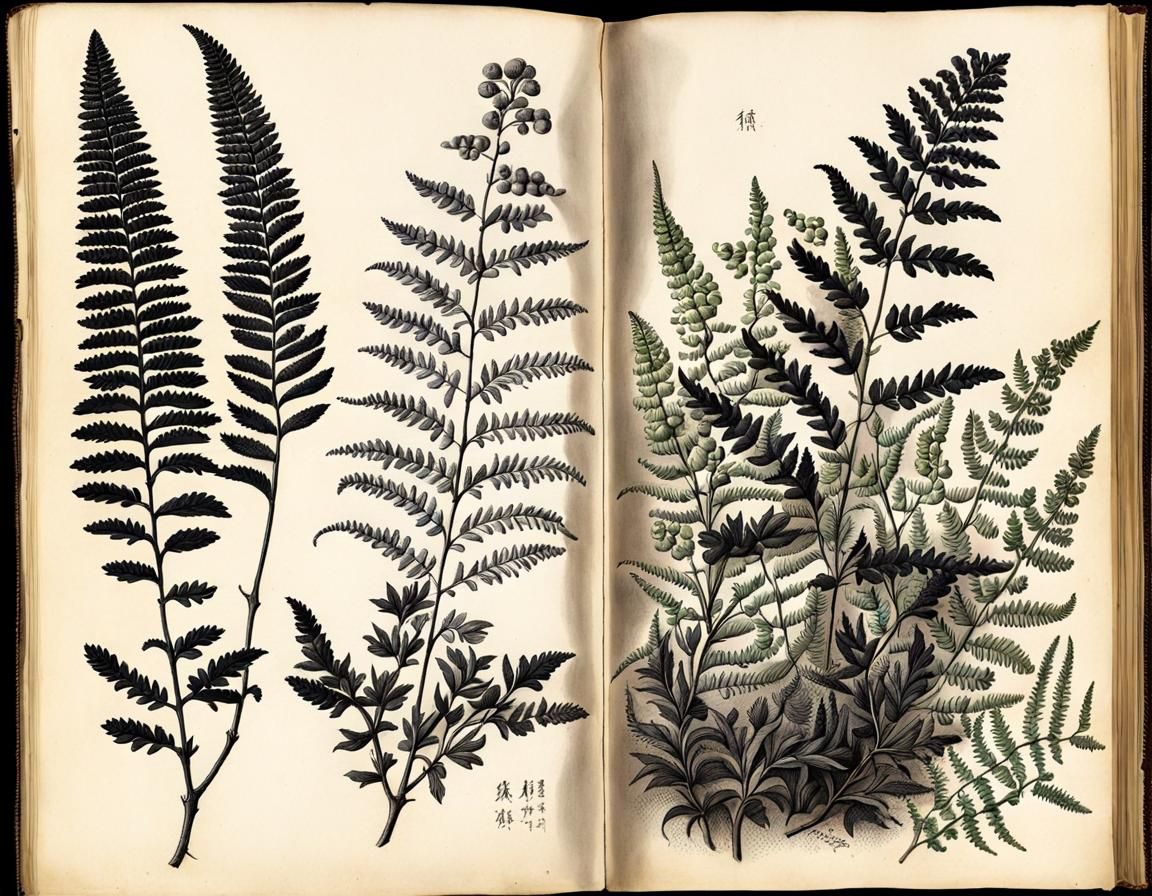 Detailed Botanical Ink Drawing: Heather and Ferns