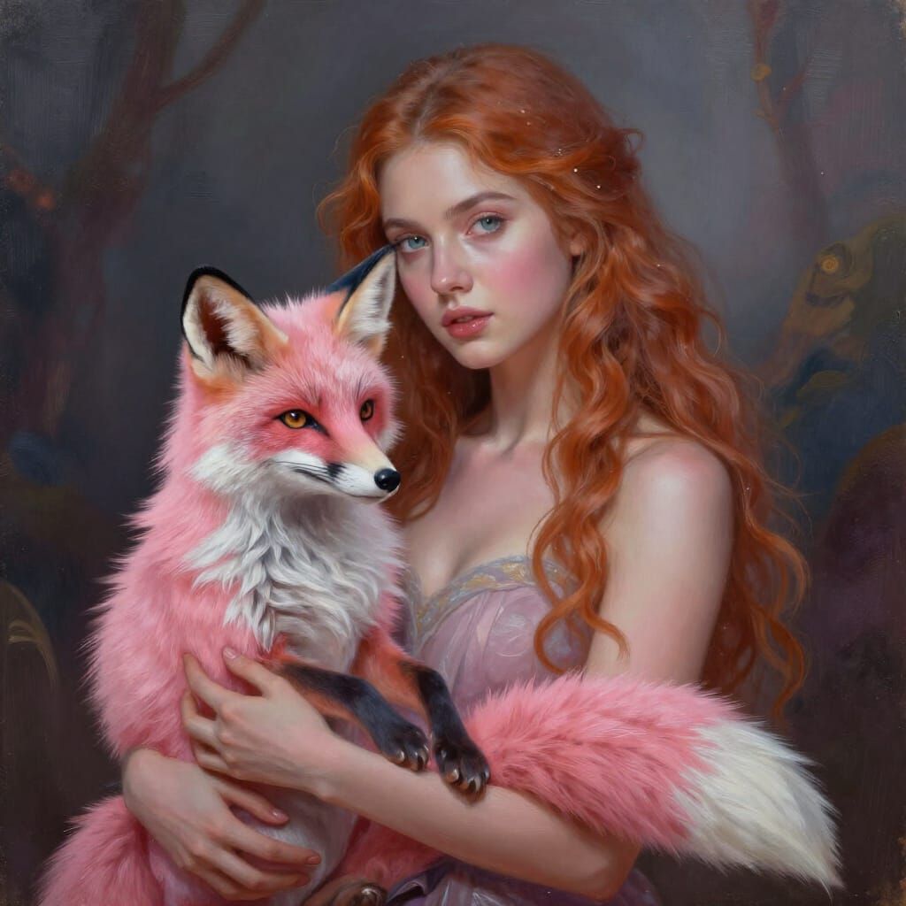 Magical Realism Portrait: Woman Holding Pink Fox