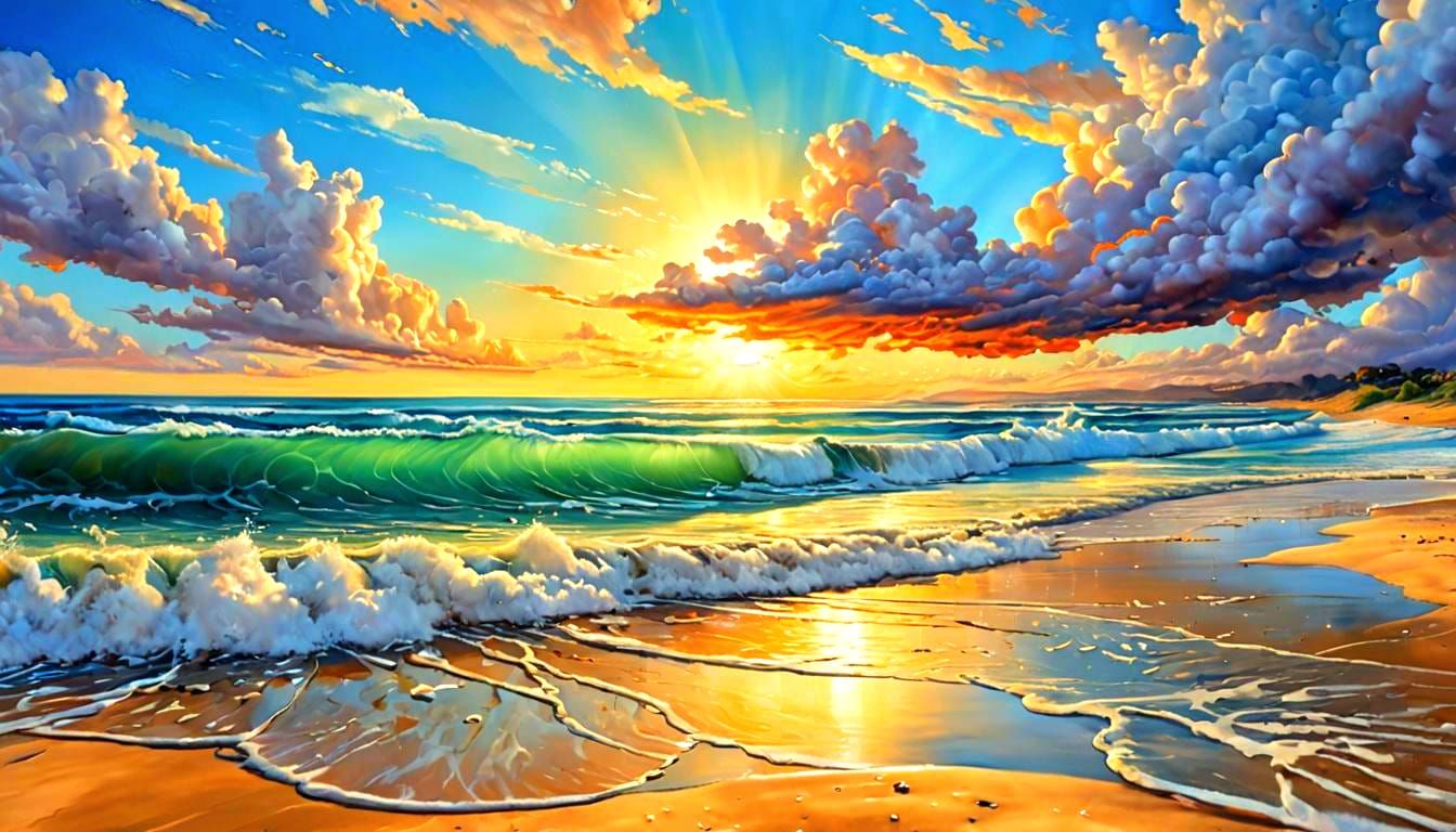 Panoramic Beach Landscape with Blue Sky and Clouds