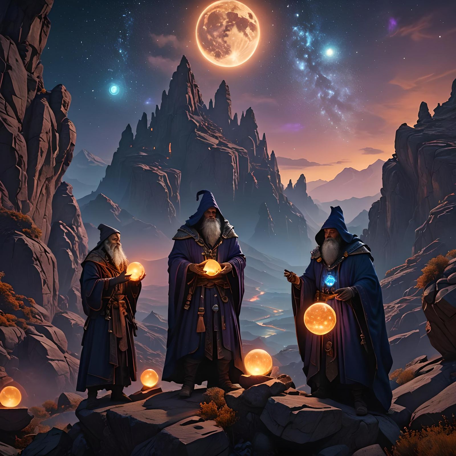 Dark Fantasy Wizards Under Starry Night Sky