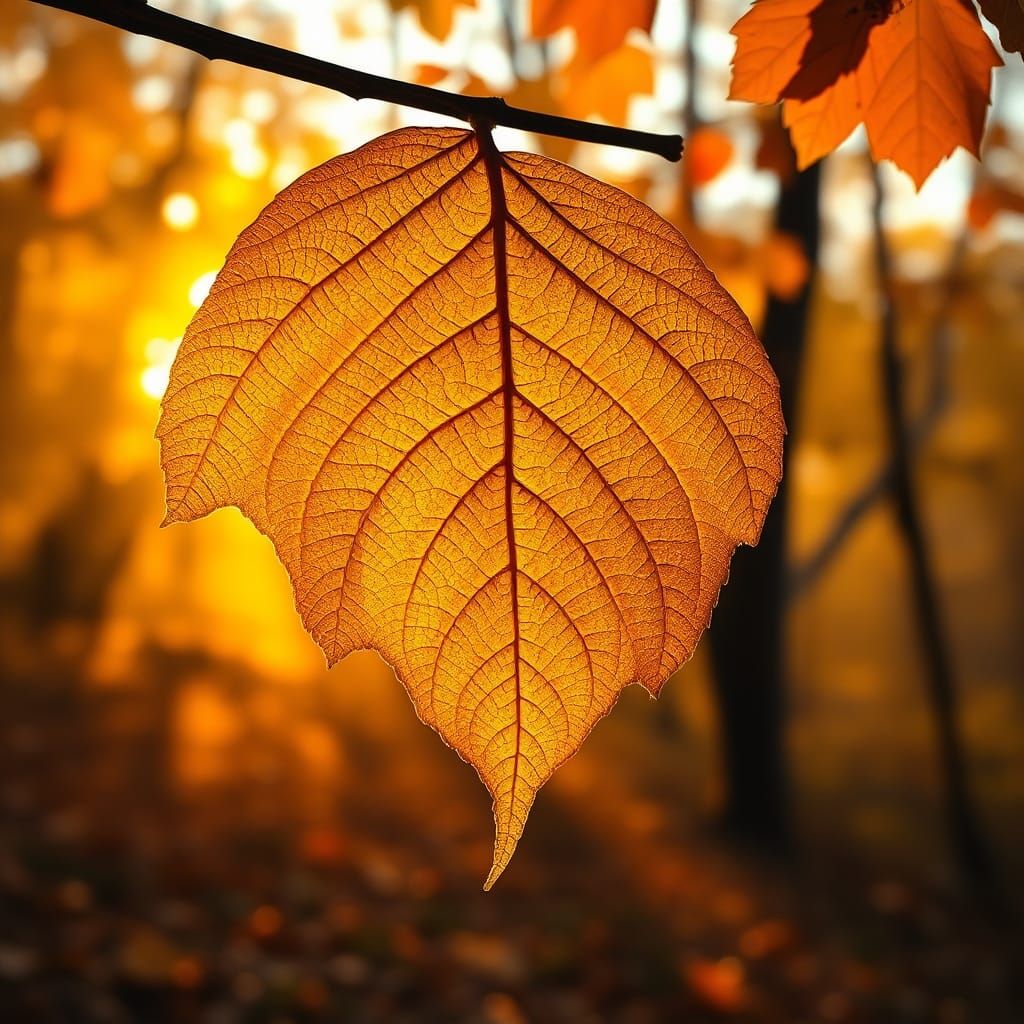 Hyperrealistic Autumn Leaf Falling at Sunset