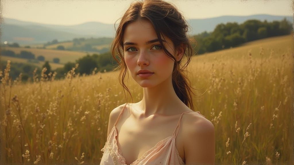 Elegant Woman in a Tuscan Landscape, in Oil Painting Style