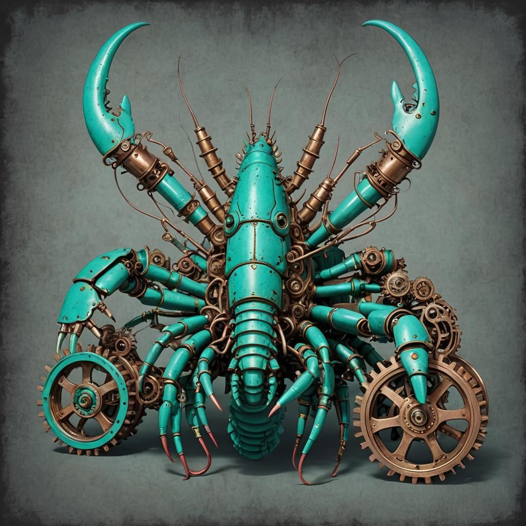 Giant Turquoise Steampunk Lobster with Gears