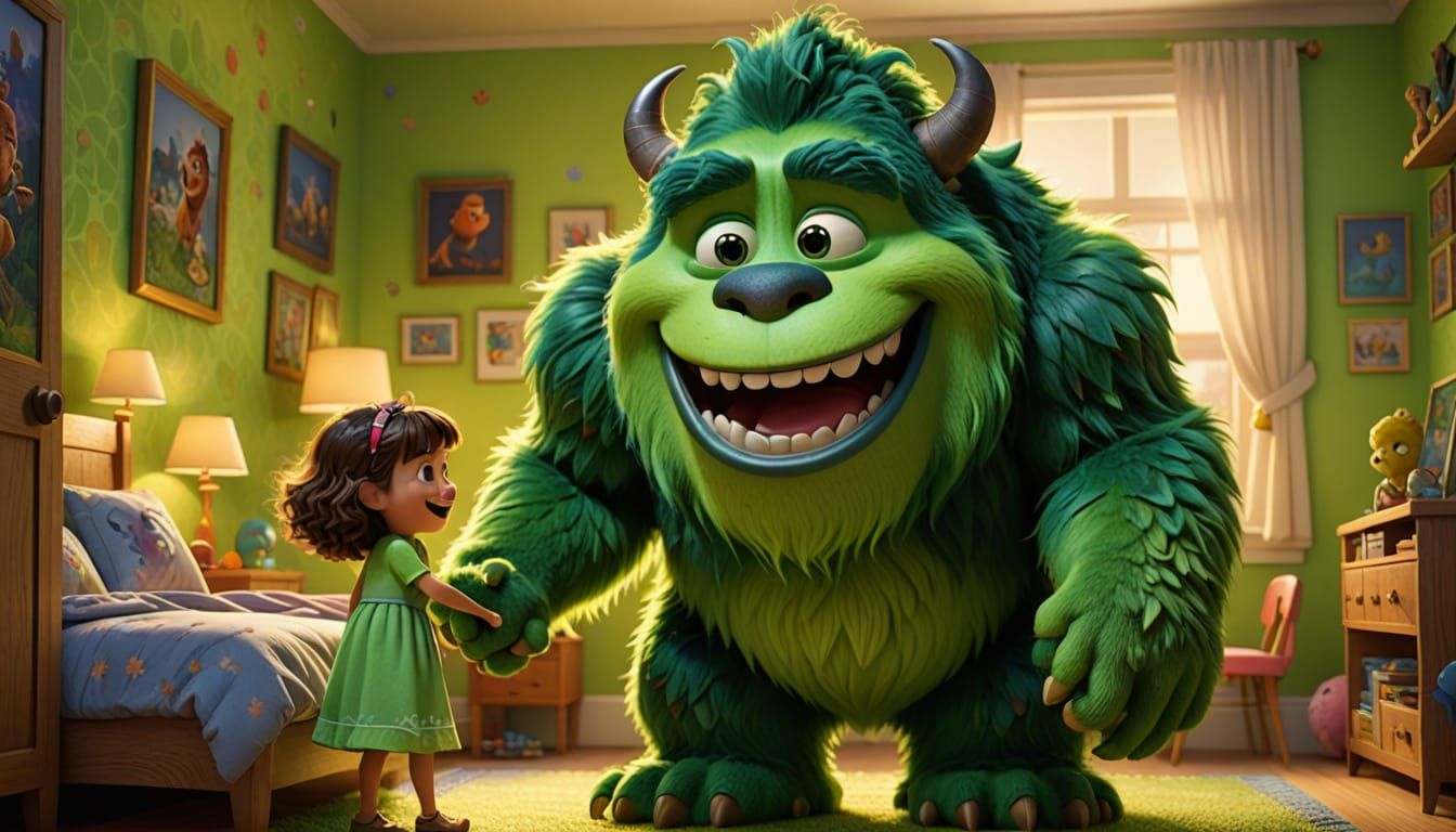 Friendly Green Monster and Girl, Pixar-Style 3D Cartoon