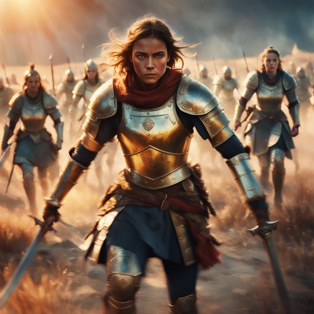 Female Warrior Leads Battle in Golden Hour Light