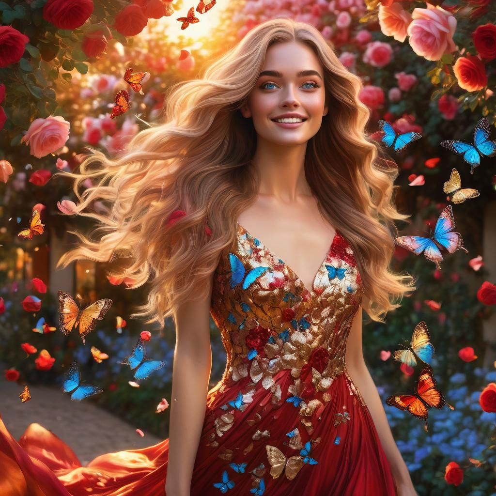 Young Woman in Serene Garden with Butterflies