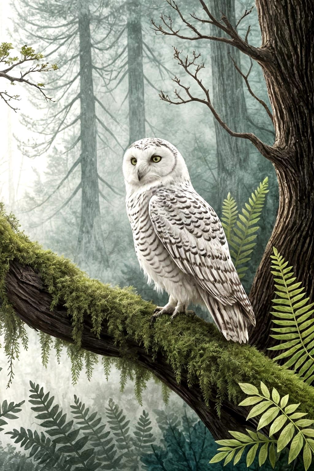 Snowy Owl in Taiga Forest, Audubon-Style Illustration