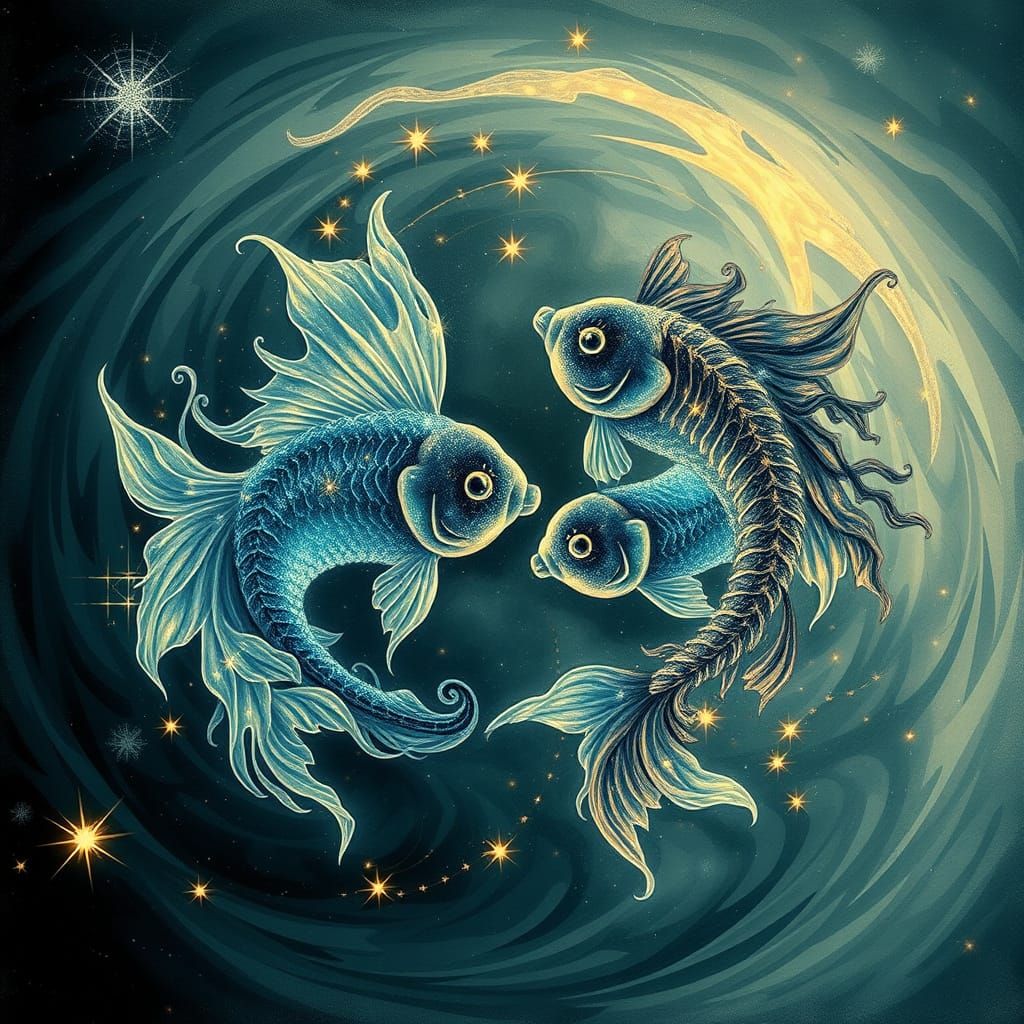 Ethereal Pisces Zodiac Art in Swirling Water, Astrology Desi...