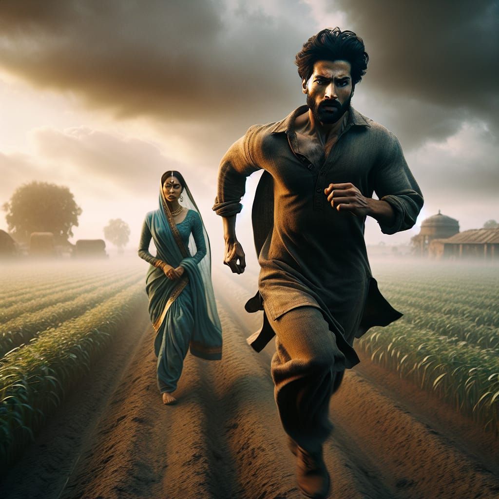 Indian Couple's Chase Scene in Hyperrealistic Style