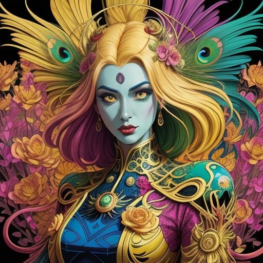 Dragon Peacock Woman Portrait in Comic Book Style