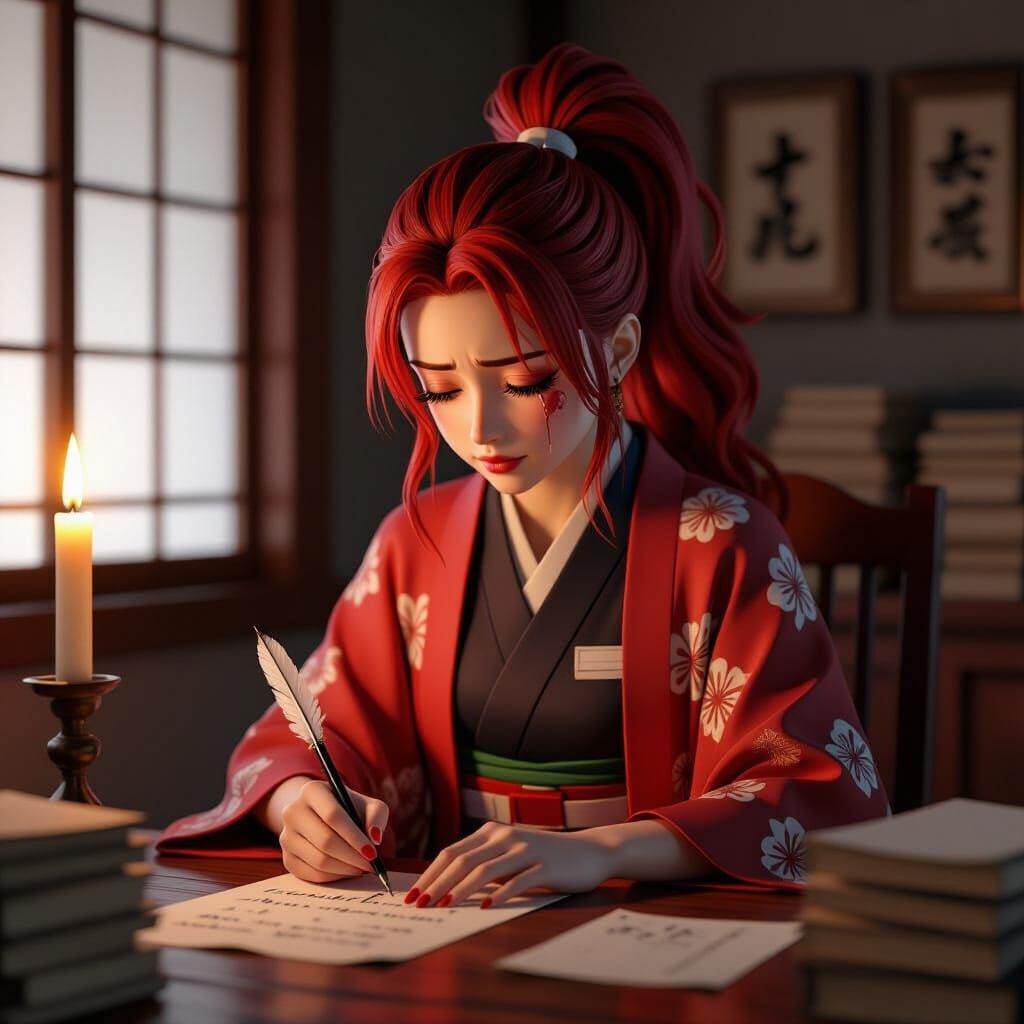 Flame Hashira Writes Secret Love Letters in Dimly Lit Room