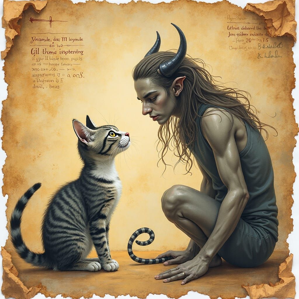 Whimsical Demon and Cat Converse in Ancient Tomes