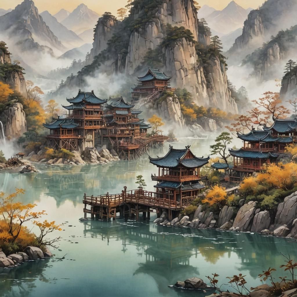 Steampunk Chinese Landscape Painting with Intricate Machiner...