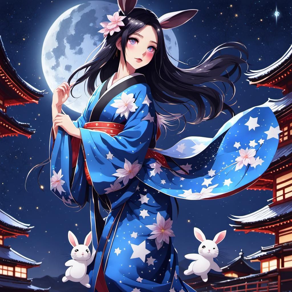 Cute Japanese Woman with Bunny in Starry Night