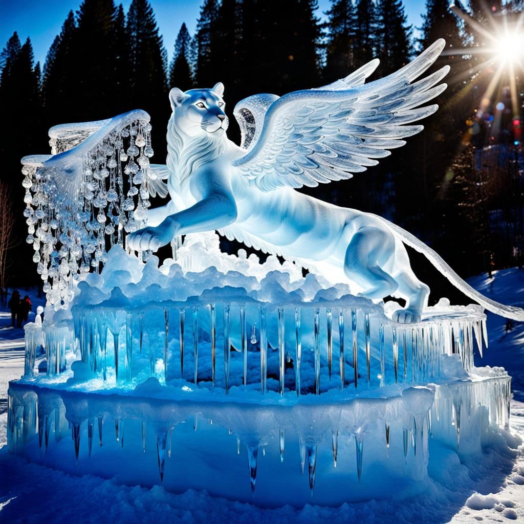 Hyperrealistic Ice Sculpture of Winged Mountain Lion