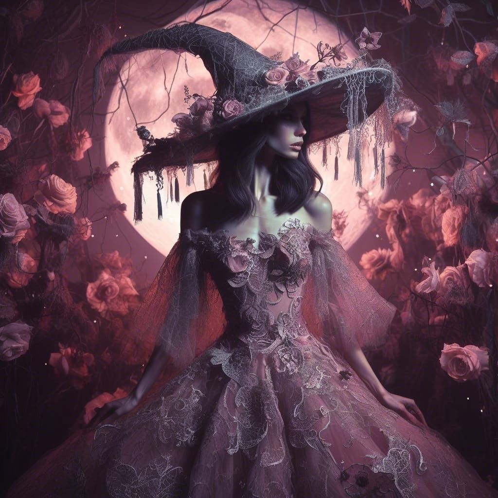Spectral Witch in Moonlit Rose Garden