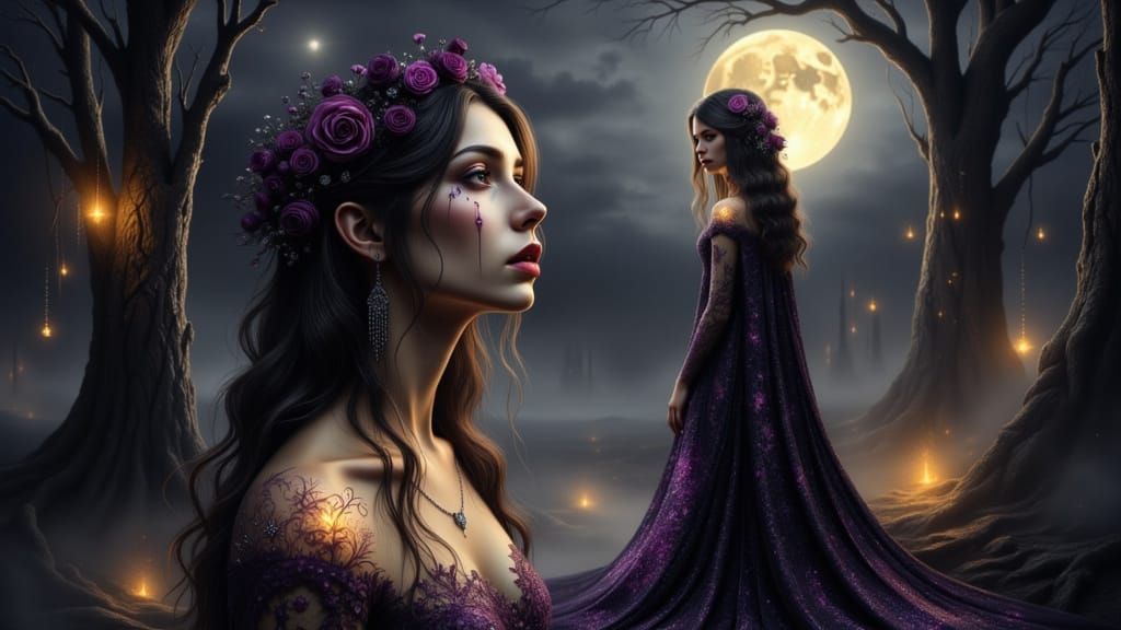 Sorrowful Woman in Dark Gown: Dark Fantasy Art