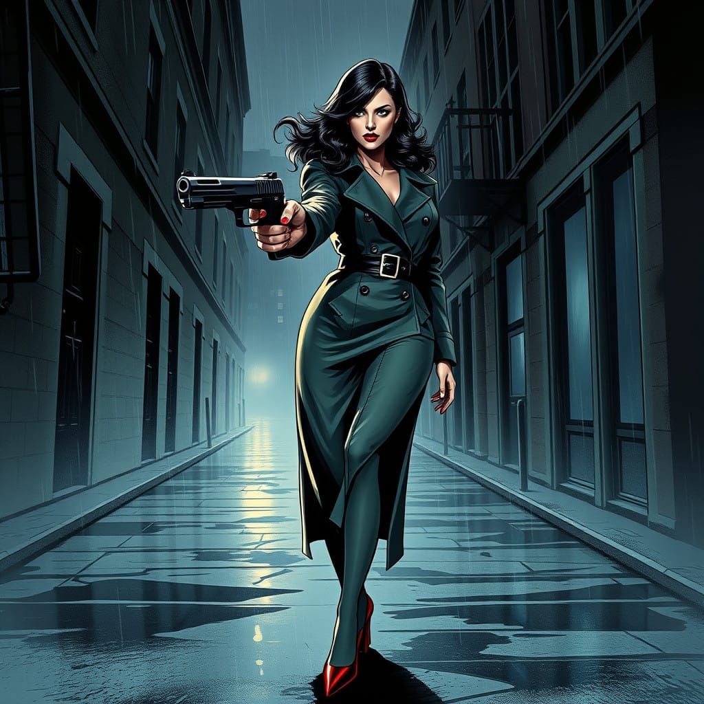 Sultry Femme Fatale in Dark, Film Noir-Inspired Cityscape