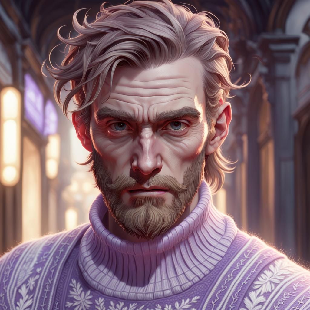 Detailed Portrait of a Pale Man in Purple Sweater