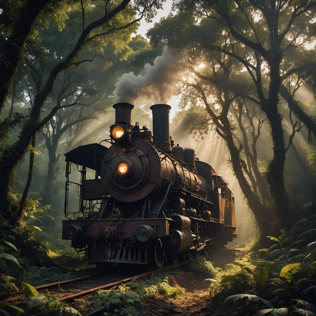 Decaying Steam Locomotive in a Dark Jungle